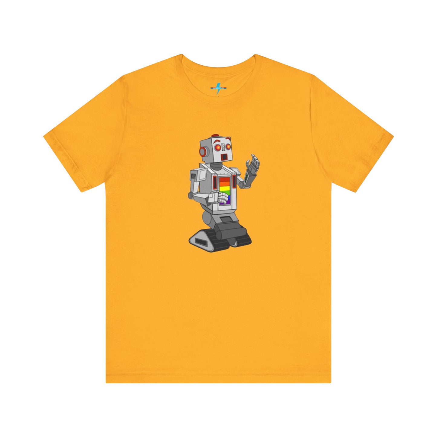 The "Gay Robot - Unisex Jersey Short Sleeve Tee" by Printify is a vibrant orange shirt featuring a retro-style robot graphic. The silver robot, accented with red and inspired by Nick Swardson's Gay Robot t-shirt, sports a colorful chest display. Laid flat against a white background, the design is showcased prominently.