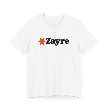 The Zayre Stores Logo - Retro 1980s Unisex Jersey Short Sleeve Tee by Printify features a gray design with the word "Zayre" printed in black letters and a red asterisk preceding the text. Reminiscent of retro fashion from the Zayre 1980s Retail Store, this shirt is displayed against a minimalistic white background and appears to be made of soft, comfortable fabric.