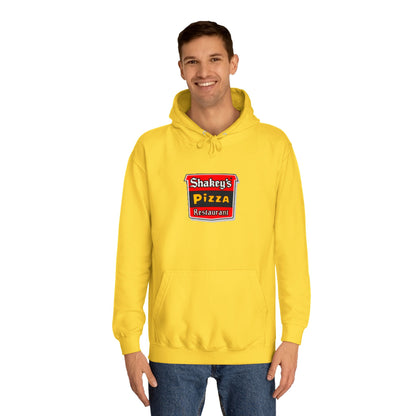 The Shakey's Pizza - 1980s Retro - Unisex Hoodie by Printify showcases a retro-style colorful logo on the front, highlighted with "Shakey's Pizza Restaurant" in bold white lettering against a striking red and black background, offering a vintage feel.