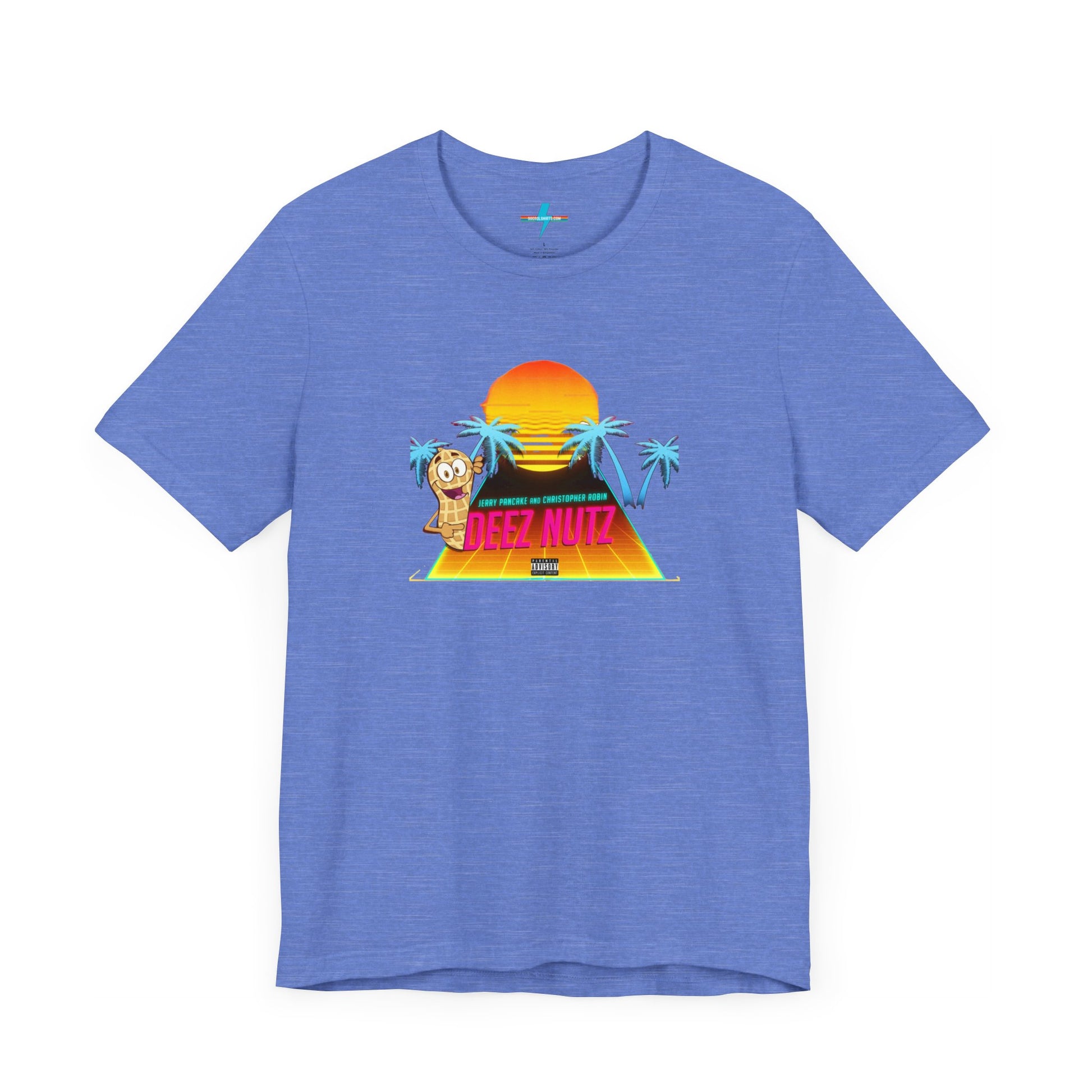 A Printify "Deez Nutz Jerry Pancake and Christopher Robin" t-shirt in purple, featuring a graphic of a sunset over a pyramid with palm trees and an illustration of an anthropomorphic nut holding a sign. The text on the shirt reads, "Just hanging out, cracking open... DEEZ NUTZ." Perfect as a unisex jersey short sleeve tee!