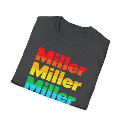 Miller Beach Rainbow Retro Tee — Vintage Stack Name Pride T-Shirt