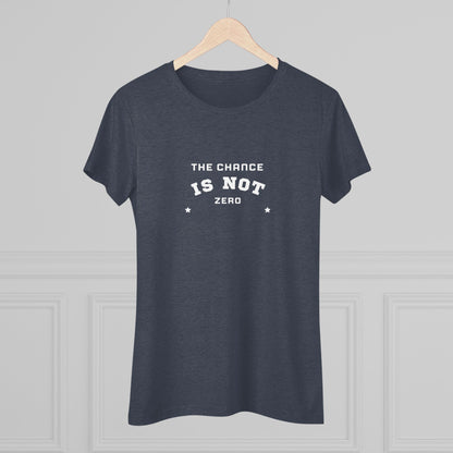 Printify's dark gray "The Chance is Not Zero - Women's Triblend Tee," made from a premium triple fabric blend, showcases inspiring text in white on the front, flanked by two small stars. It’s perfect as a daily motivational reminder.