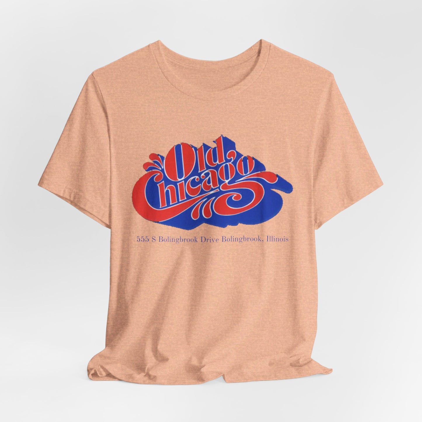 The "Old Chicago Mall Bolingbrook 1980s Retro - Unisex Jersey Short Sleeve Tee" from Printify is a gray T-shirt showcasing a vintage design with the text "Old Chicago" in blue and red. Beneath the main text, the address "355 S. Bolingbrook Drive, Bolingbrook, Illinois" appears in smaller font, evoking 80s nostalgia of the Old Chicago Mall. The shirt is displayed against a white background.