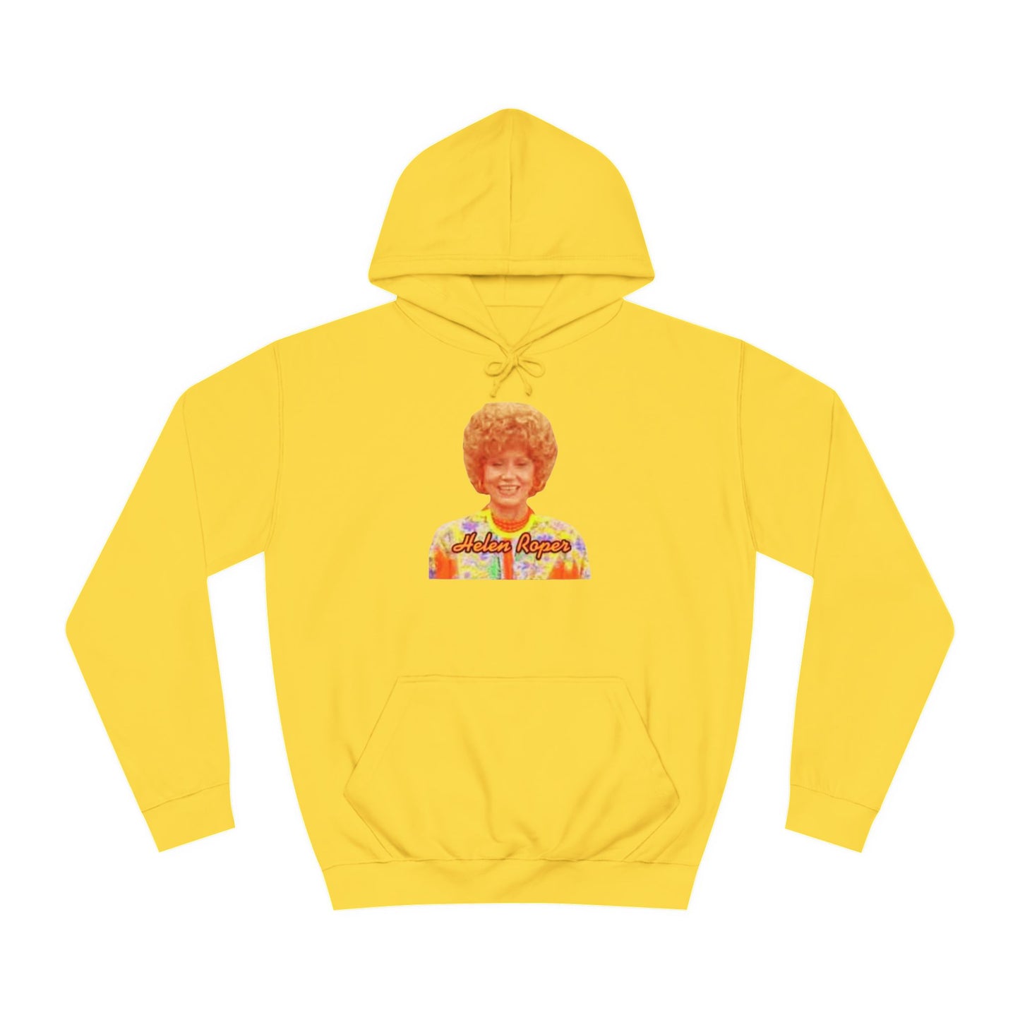 This Helen Roper - Three's Company unisex hoodie by Printify features a lively graphic of a woman with curly hair in a vibrant, patterned outfit. The elegantly scripted text "Mother Rogers" beneath her adds a vintage fashion flair to any wardrobe.