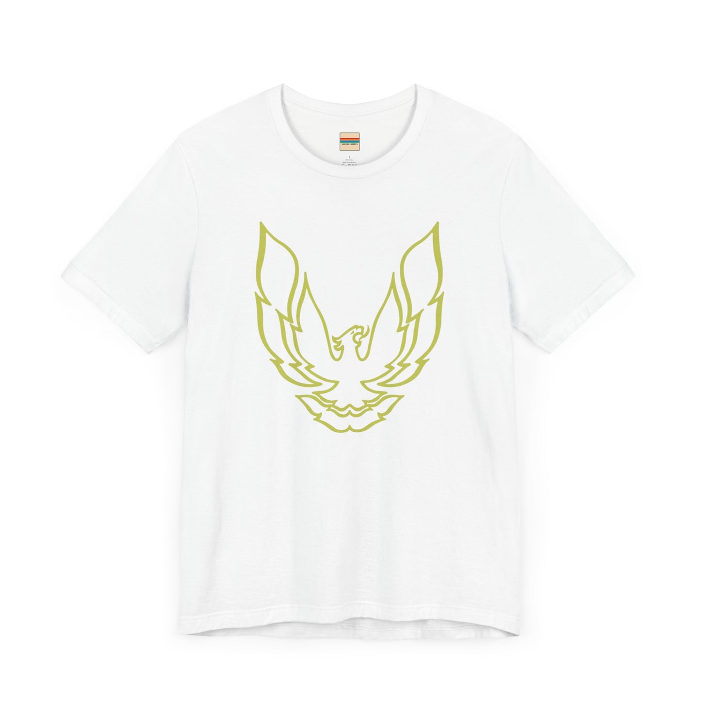 The Pontiac Trans Am Phoenix Shirt - Unisex Jersey Short Sleeve Tee by Printify is a classic black T-shirt that showcases a stylized yellow phoenix design on the front, reminiscent of the iconic Pontiac Trans Am. The shirt is displayed laid flat against a white background.