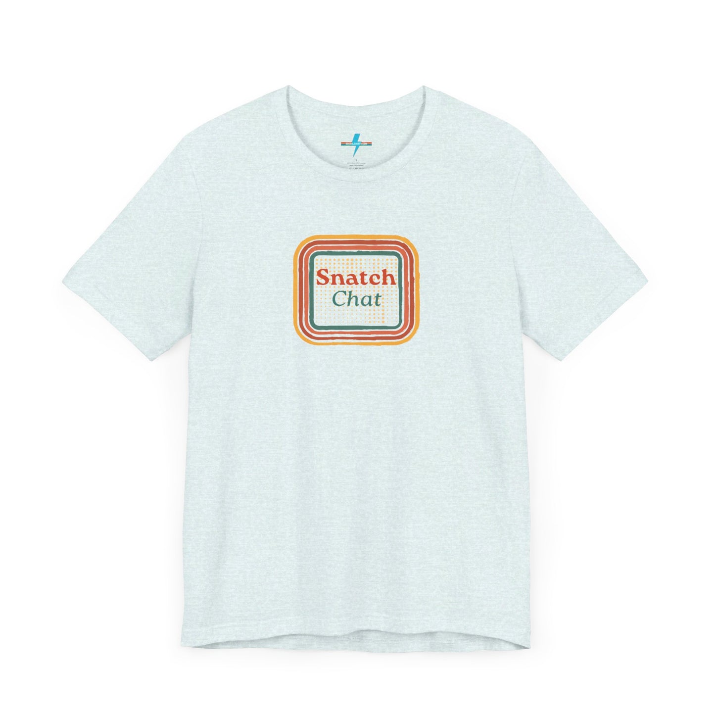 A light brown Snatch Chat - Unisex Jersey Short Sleeve Tee by Printify features the text "Snatch Chat" in the center, enclosed within a square composed of red, orange, yellow, and brown layers. This retro-designed tee is crafted from premium fabric and is showcased against a plain white background.