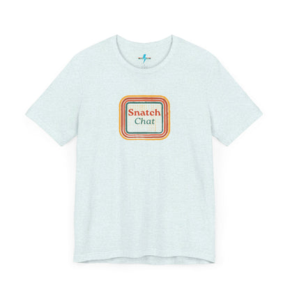 A light brown Snatch Chat - Unisex Jersey Short Sleeve Tee by Printify features the text "Snatch Chat" in the center, enclosed within a square composed of red, orange, yellow, and brown layers. This retro-designed tee is crafted from premium fabric and is showcased against a plain white background.