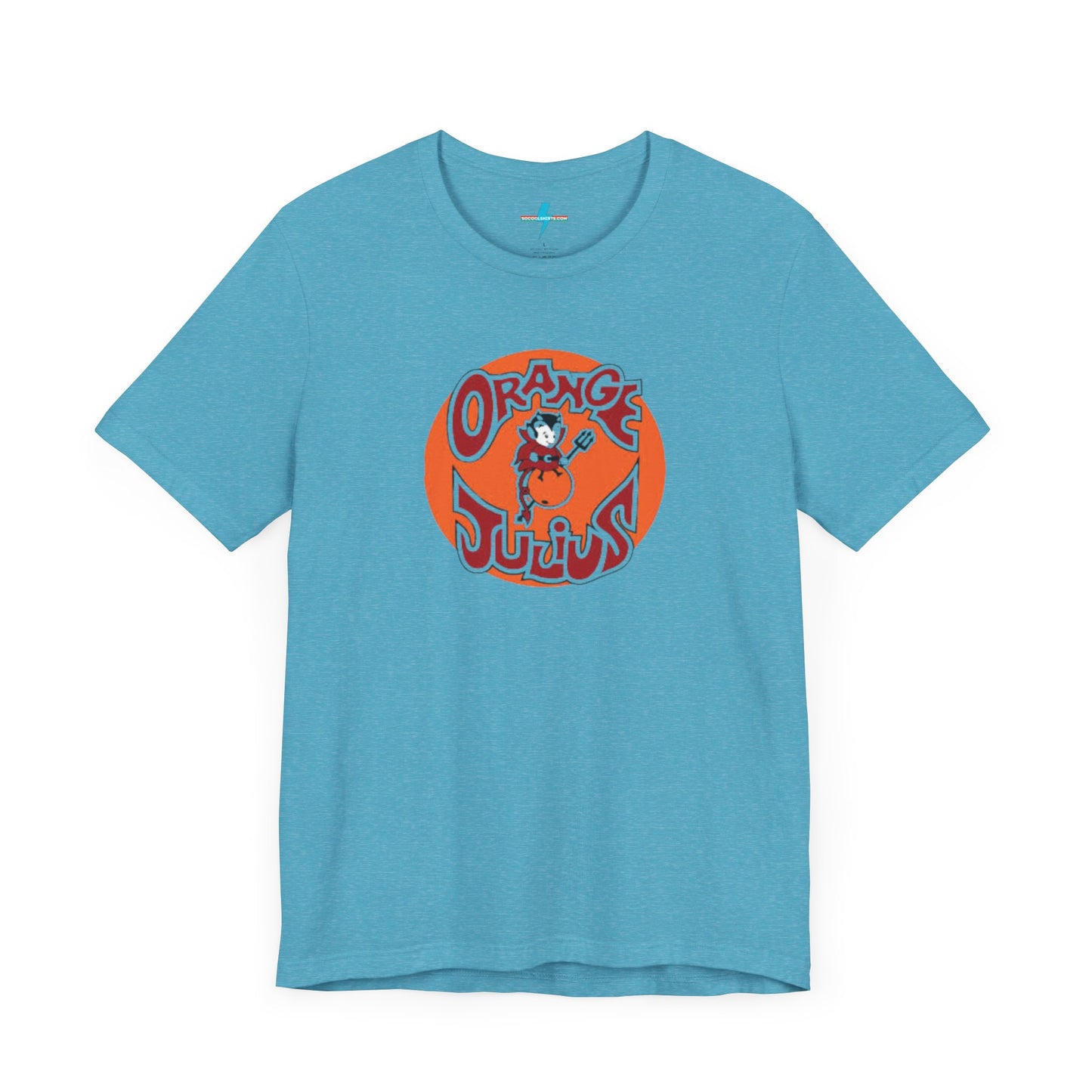 The Orange Julius 1980's Logo Unisex Jersey Style T-Shirt from Printify boasts a light gray color and features a vintage-style graphic. The design showcases the text "Orange Julius" in a stylized font within an orange circle, along with a small cartoon character holding a drink at the center—a nostalgic nod to timeless refreshment.