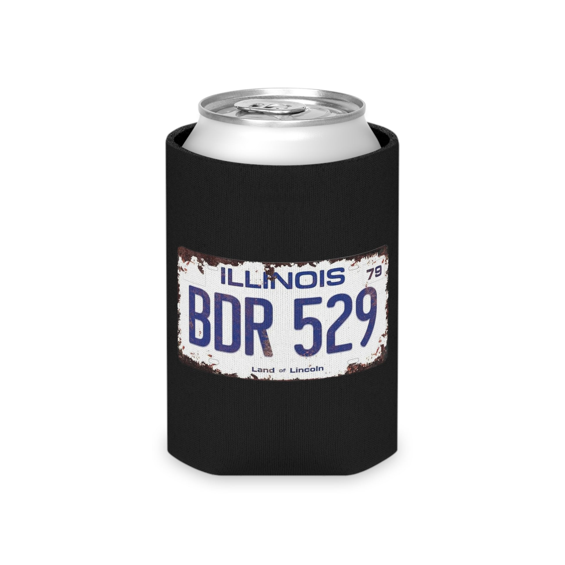 Printify's Blues Brothers - BDR 529 - Koozie is a black beverage can cooler that features a vintage Illinois license plate with "BDR 529" and "Land of Lincoln" on its front, evoking a road-trip vibe. At the bottom, a red circle with a blue lightning bolt symbol completes this stylish koozie.