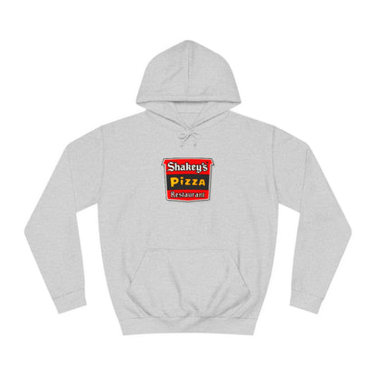 The Shakey's Pizza - 1980s Retro - Unisex Hoodie by Printify showcases a retro-style colorful logo on the front, highlighted with "Shakey's Pizza Restaurant" in bold white lettering against a striking red and black background, offering a vintage feel.