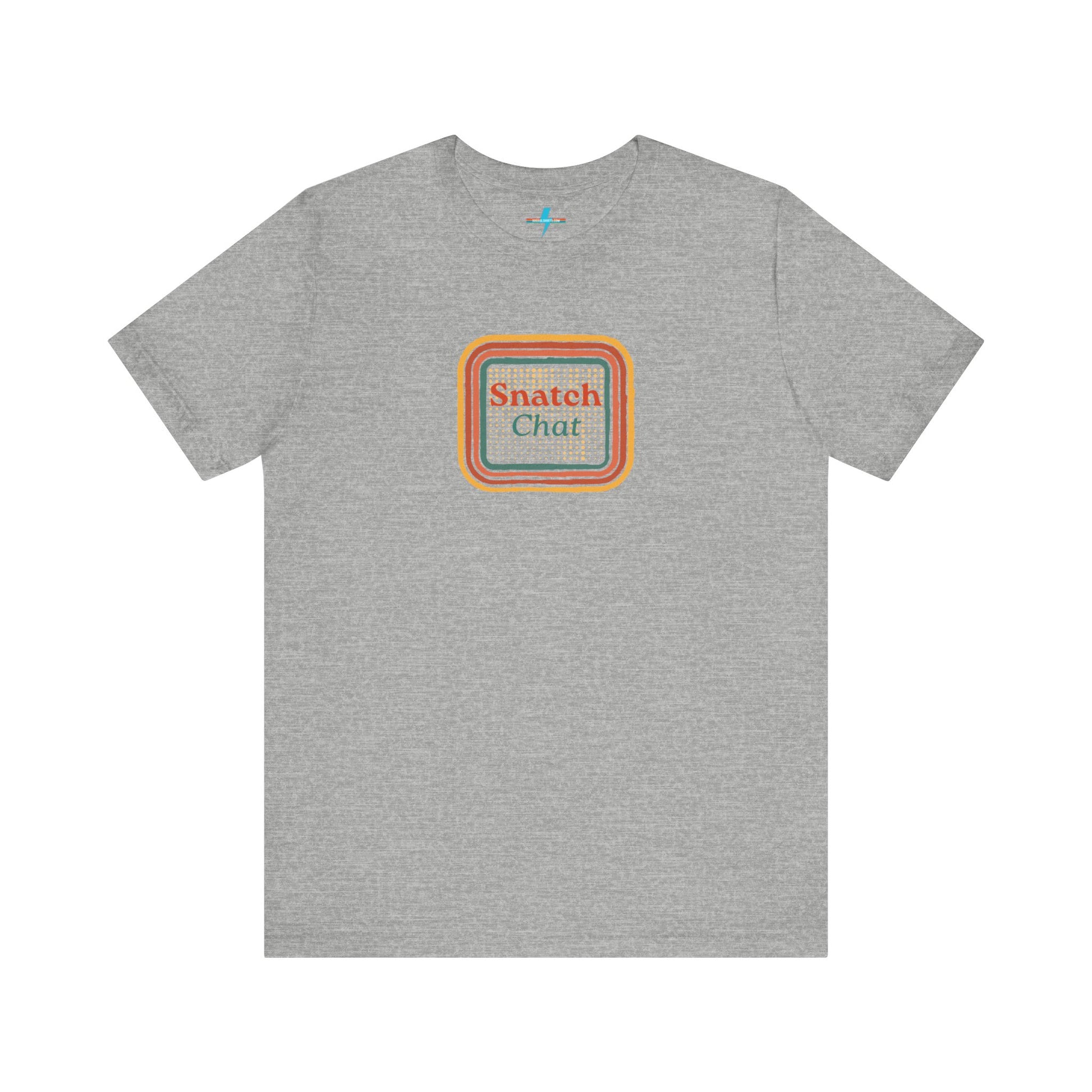 A light brown Snatch Chat - Unisex Jersey Short Sleeve Tee by Printify features the text "Snatch Chat" in the center, enclosed within a square composed of red, orange, yellow, and brown layers. This retro-designed tee is crafted from premium fabric and is showcased against a plain white background.