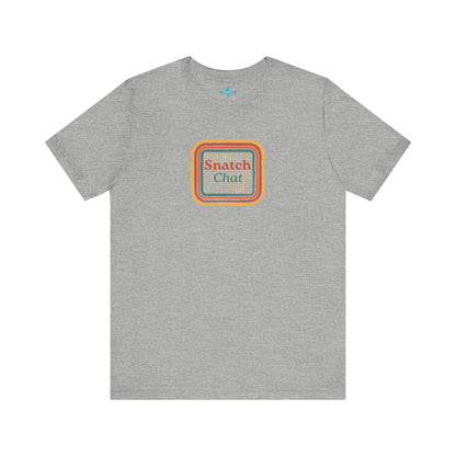 A light brown Snatch Chat - Unisex Jersey Short Sleeve Tee by Printify features the text "Snatch Chat" in the center, enclosed within a square composed of red, orange, yellow, and brown layers. This retro-designed tee is crafted from premium fabric and is showcased against a plain white background.