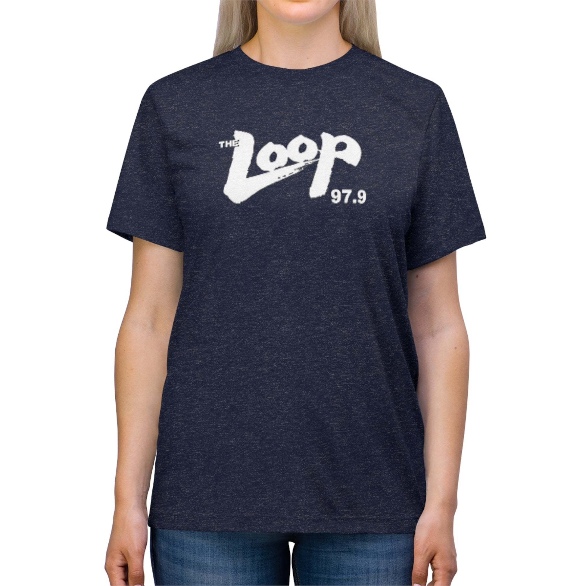 A plain grey Printify The Loop - Chicago - 97.9 Radio Unisex Triblend Tee with a white logo that says "The Loop 97.9" in a stylized font across the chest. The shirt has short sleeves and a round neckline, perfect for any classic rock fan.