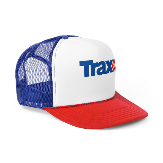 The Trax Brand Retro - 1980s Kmart Trucker Cap by Printify is a vintage-inspired accessory featuring a white front panel with "Trax" written in blue beside a red logo. It boasts a red bill and blue mesh back, capturing the essence of the classic Kmart Trucker Cap.