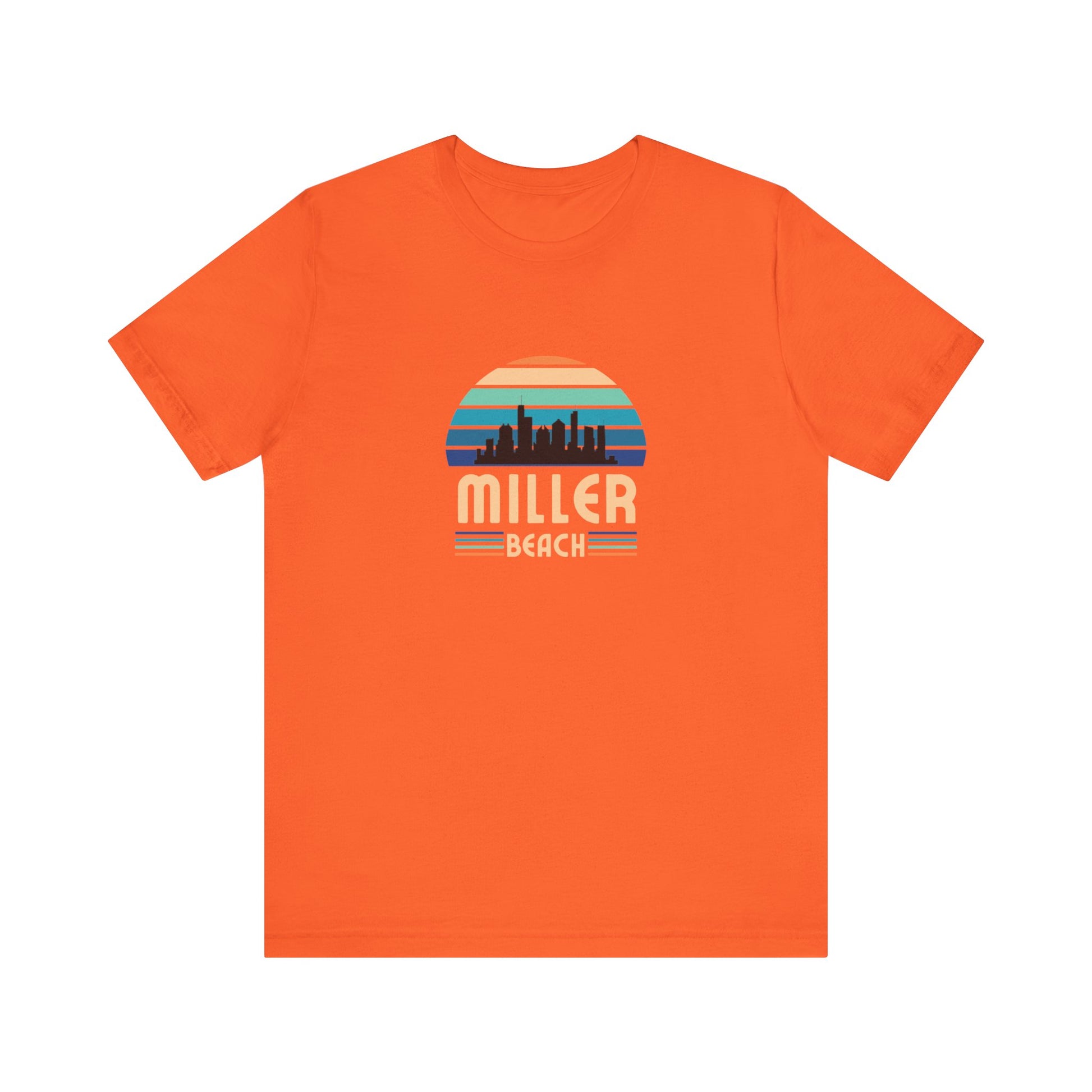 The Printify Miller Beach Chicago Skyline - Unisex Jersey Short Sleeve Tee is a light blue T-shirt featuring a stylized graphic of the Chicago skyline against a setting sun with gradient shades of blue and orange. Below the graphic, "Miller Beach" is printed in bold, yellow letters.