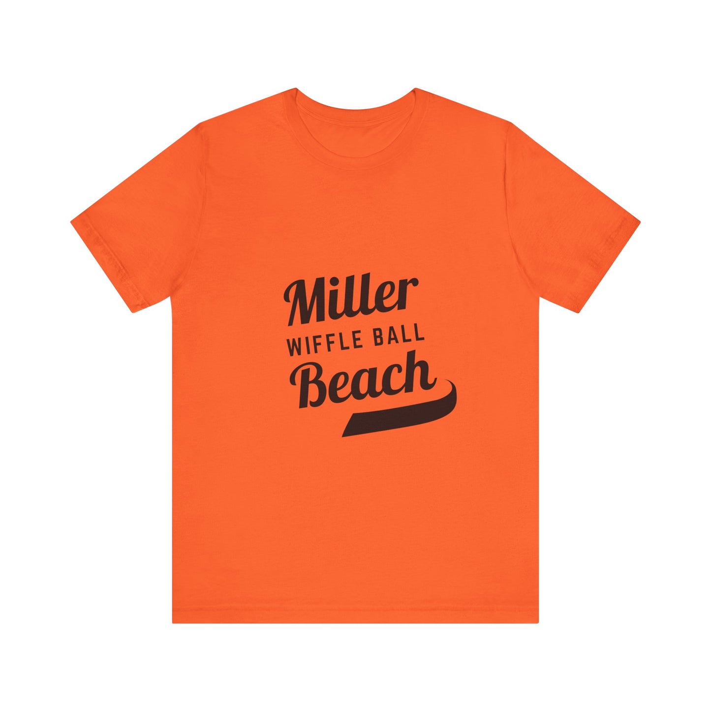 A light blue, soft cotton t-shirt with the text "Miller Beach Wiffel Ball" printed in black on the front. The design features a stylized, curved underline beneath the word "Beach," giving the text a dynamic appearance. This unisex jersey offers a comfortable retail fit for all. Product Name: Miller Beach Wiffel Ball - Unisex Jersey Short Sleeve Tee Retro Logo by Printify.