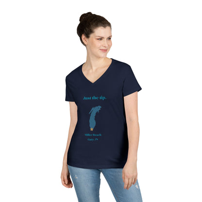 The Just the Tip - Miller Beach Ladies' V-Neck T-Shirt by Printify is a coral-colored top made from soft tri-blend fabric. It showcases a graphic of Lake Michigan accompanied by the playful text "Just the tip," along with "Miller Beach, Gary, IN" displayed below.