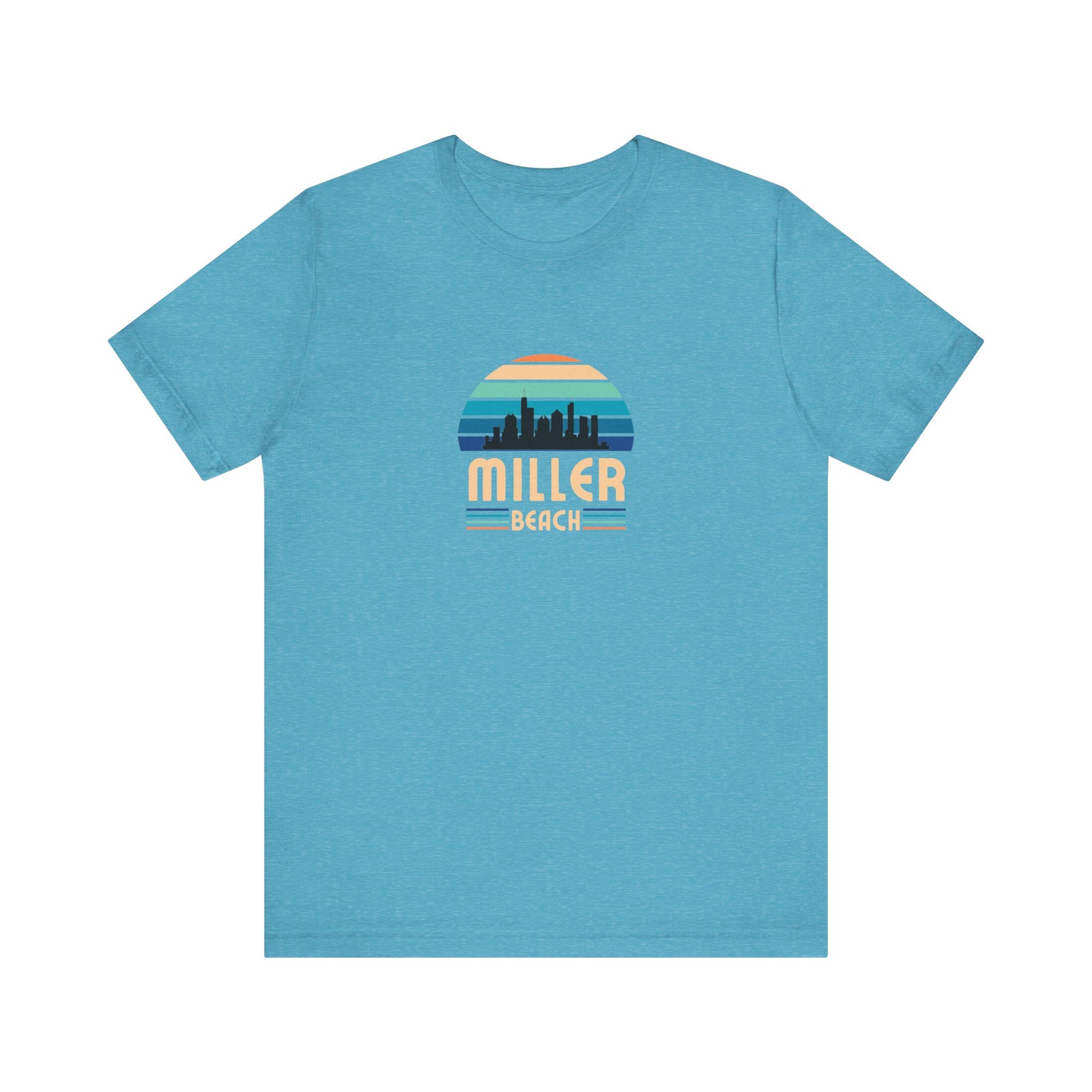 A brown unisex jersey short sleeve tee called "Miller Beach Chicago Skyline" from Printify features a vintage-style design with a sunset, the Chicago skyline, and "Miller Beach" in bold letters. The design incorporates shades of blue, orange, and yellow and is displayed against a plain white background.