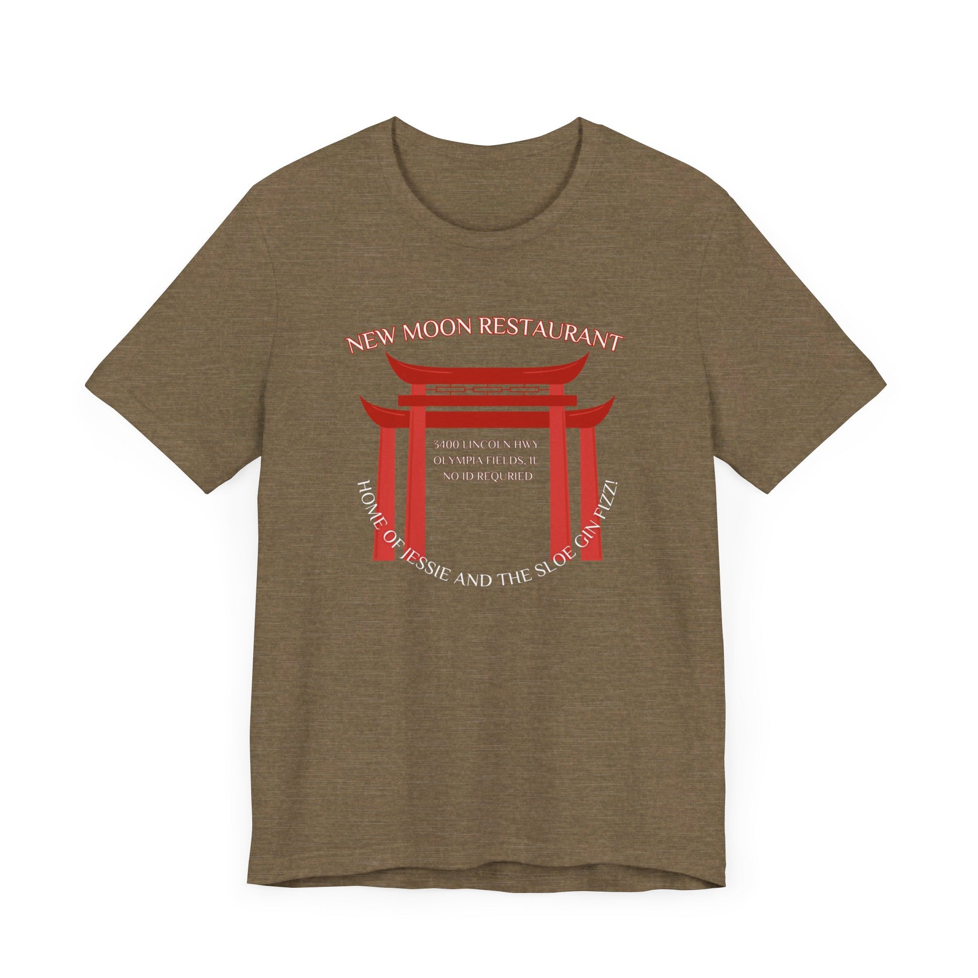 The New Moon Restaurant - Olympia Fields 1980s Retro Unisex Jersey Short Sleeve Tee by Printify is a nostalgic black jersey that features a red torii gate graphic with the text "New Moon Restaurant" at the top. Below the gate, it reads "Home of Tessie and the Slo Poke Mai Tai," along with the address "8400 Lincoln Blvd, Olympia Fields, IL.