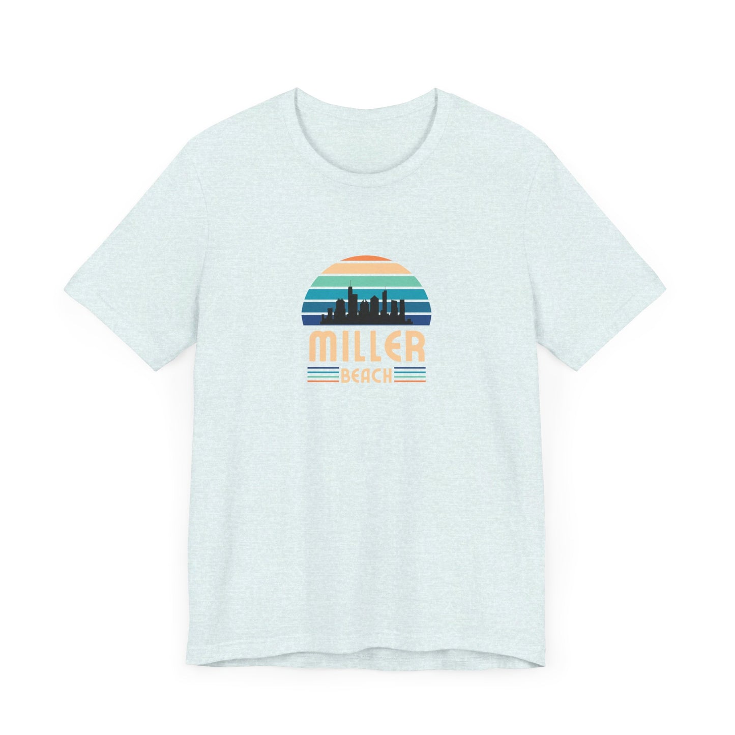 A brown unisex jersey short sleeve tee called "Miller Beach Chicago Skyline" from Printify features a vintage-style design with a sunset, the Chicago skyline, and "Miller Beach" in bold letters. The design incorporates shades of blue, orange, and yellow and is displayed against a plain white background.