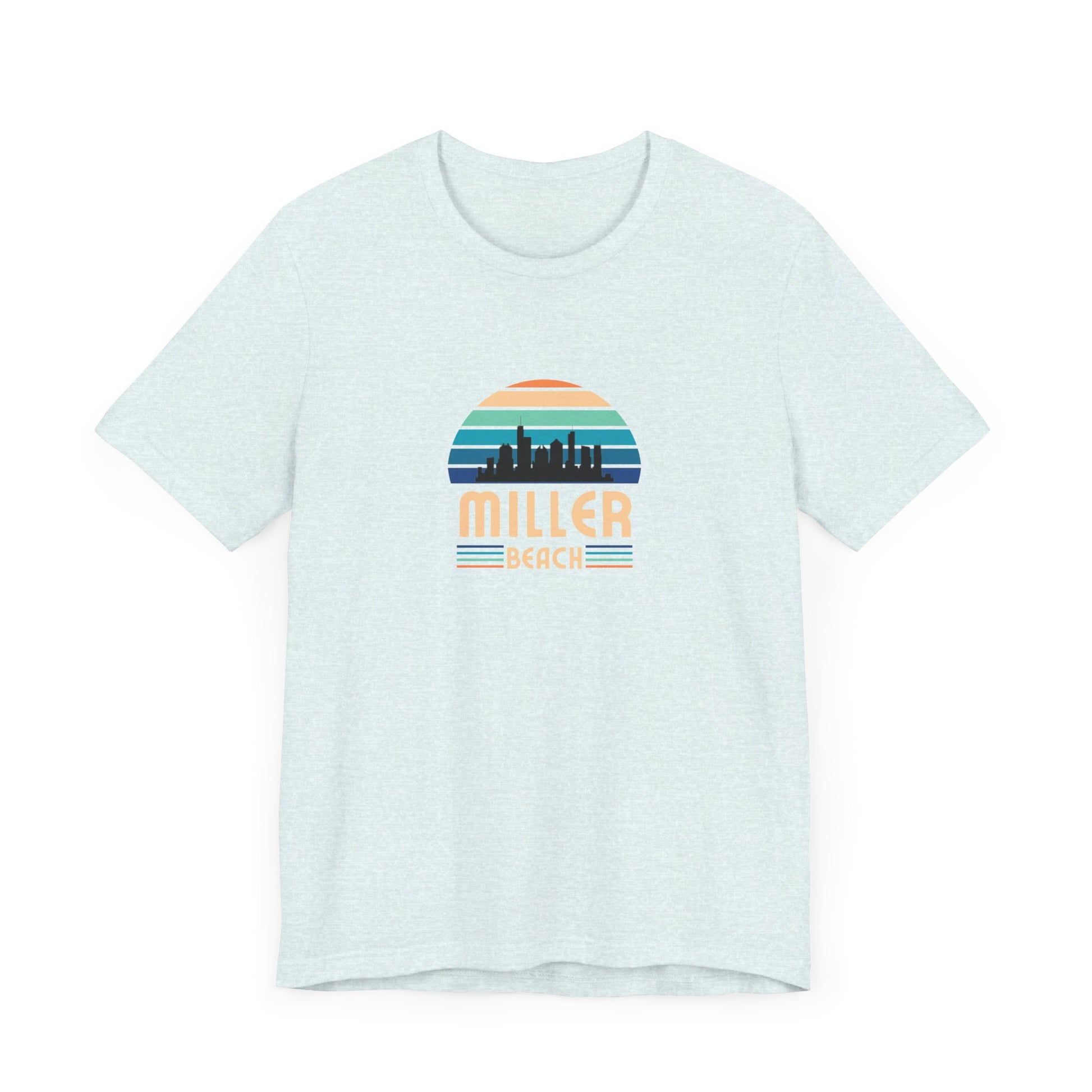 A brown unisex jersey short sleeve tee called "Miller Beach Chicago Skyline" from Printify features a vintage-style design with a sunset, the Chicago skyline, and "Miller Beach" in bold letters. The design incorporates shades of blue, orange, and yellow and is displayed against a plain white background.