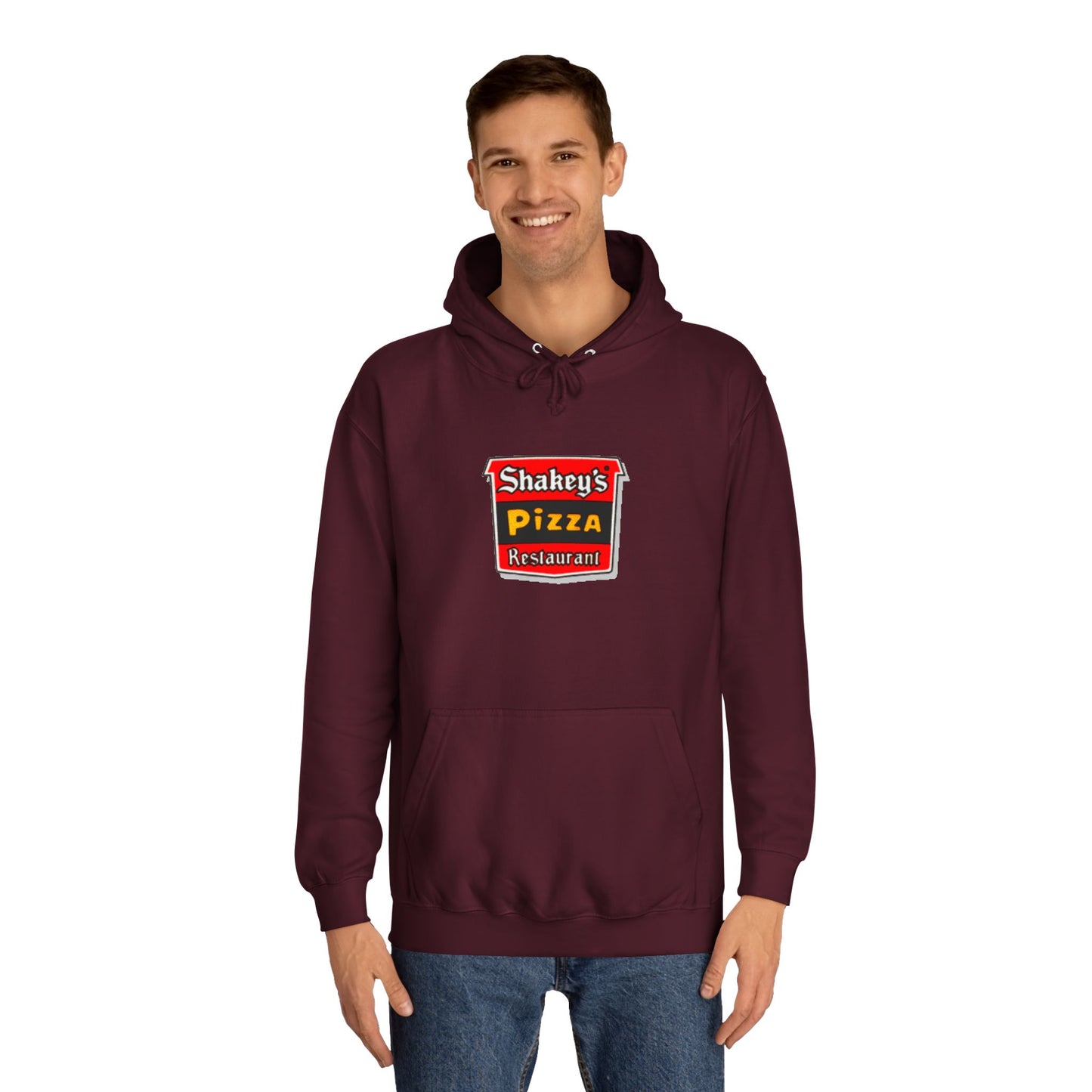 The Shakey's Pizza - 1980s Retro - Unisex Hoodie by Printify showcases a retro-style colorful logo on the front, highlighted with "Shakey's Pizza Restaurant" in bold white lettering against a striking red and black background, offering a vintage feel.