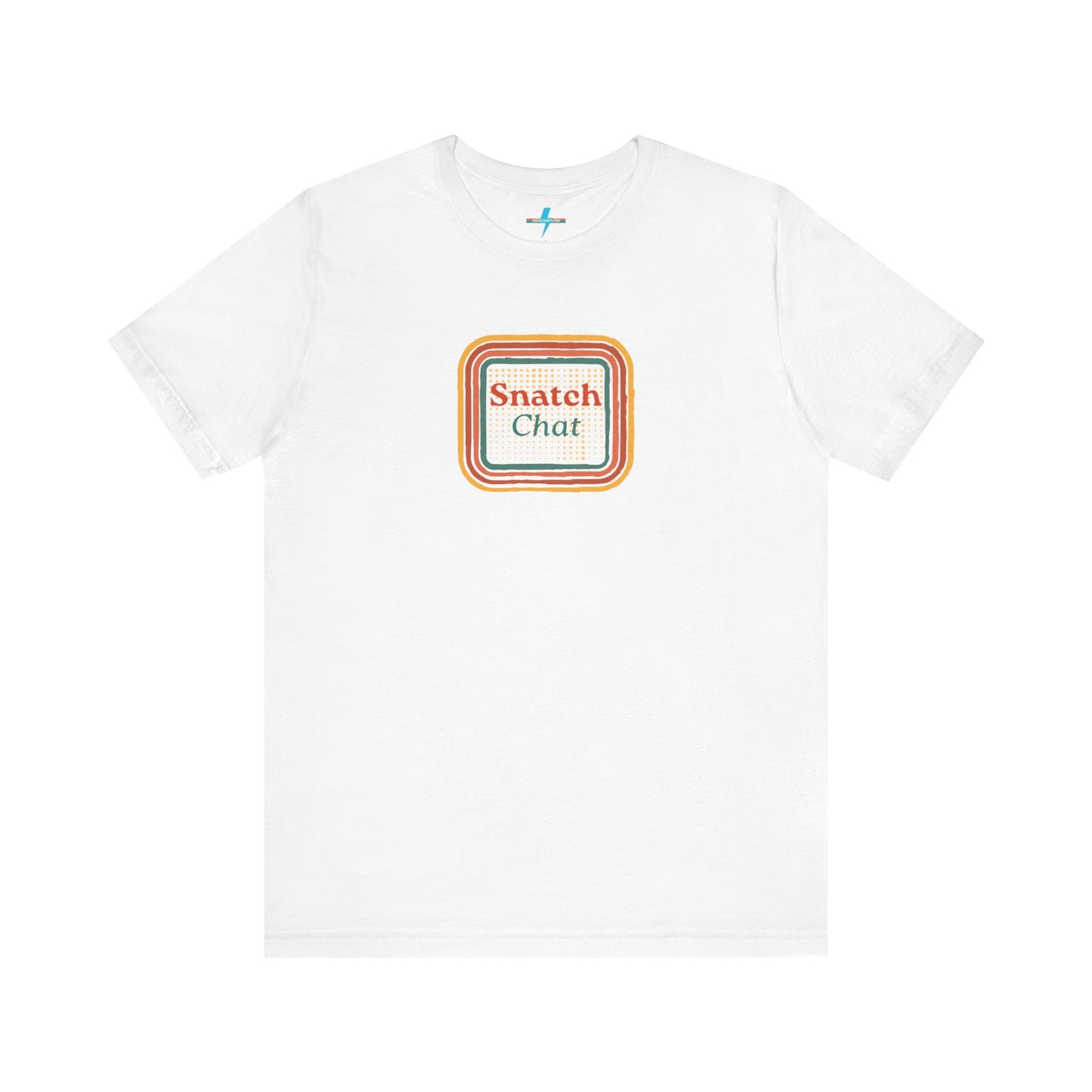 A light brown Snatch Chat - Unisex Jersey Short Sleeve Tee by Printify features the text "Snatch Chat" in the center, enclosed within a square composed of red, orange, yellow, and brown layers. This retro-designed tee is crafted from premium fabric and is showcased against a plain white background.