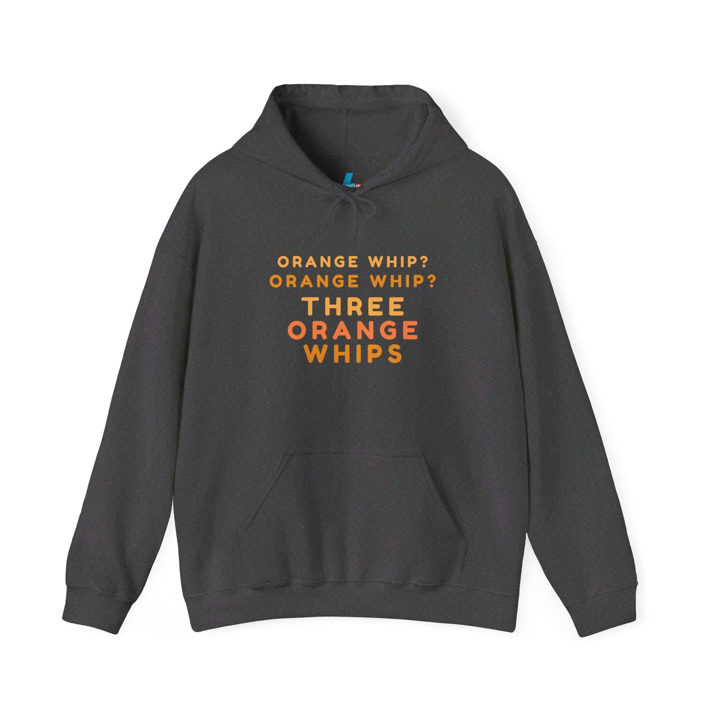 The Three Orange Whips - Blues Brothers - Unisex Heavy Blend™ Hoodie by Printify is designed in navy blue with the text "ORANGE WHIP? ORANGE WHIP? THREE ORANGE WHIPS" printed on the front in orange and yellow letters, inspired by *The Blues Brothers*. This hoodie features a front pocket and an adjustable drawstring hood.