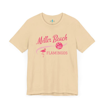 Printify offers the Miller Beach Flamingos WWBC - Unisex Jersey Short Sleeve Tee, featuring a light pink T-Shirt adorned with "Miller Beach Flamingos" and a volleyball graphic in pink. This design also includes an illustration of a flamingo, celebrating their participation in the World Wiffel Ball Championship. The shirt is showcased against a minimalist, white backdrop.