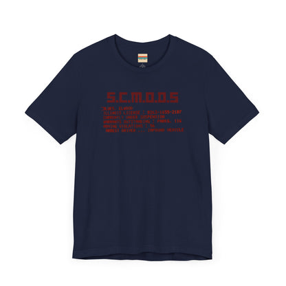 Two yellow "S.C.M.O.D.S. Blues Brother's - Unisex Jersey Short Sleeve Tee" shirts from Printify, featuring "S.C.M.O.D.S" in bold, stylized letters along with smaller text detailing terms like "Illinois," "license," and "impound vehicle." Perfect for fans of The Blues Brothers and Jake and Elwood Blues, the T-shirts are neatly folded and stacked.