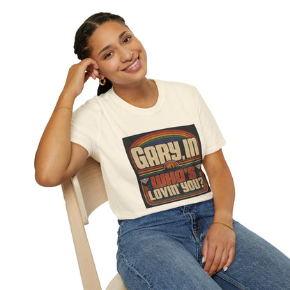 T-Shirt — "Gary, I'm Who's Lovin' You?" Retro Rainbow Design - Pride Month