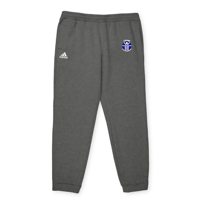 Gray Adidas unisex fleece joggers from Printify, showcasing the classic Chicago Health Clubs - Bally's 1980s logo on the left thigh and a blue and white emblem on the right. Crafted from sustainable BCI cotton, these joggers feature an elastic waistband and cuffs for maximum comfort.