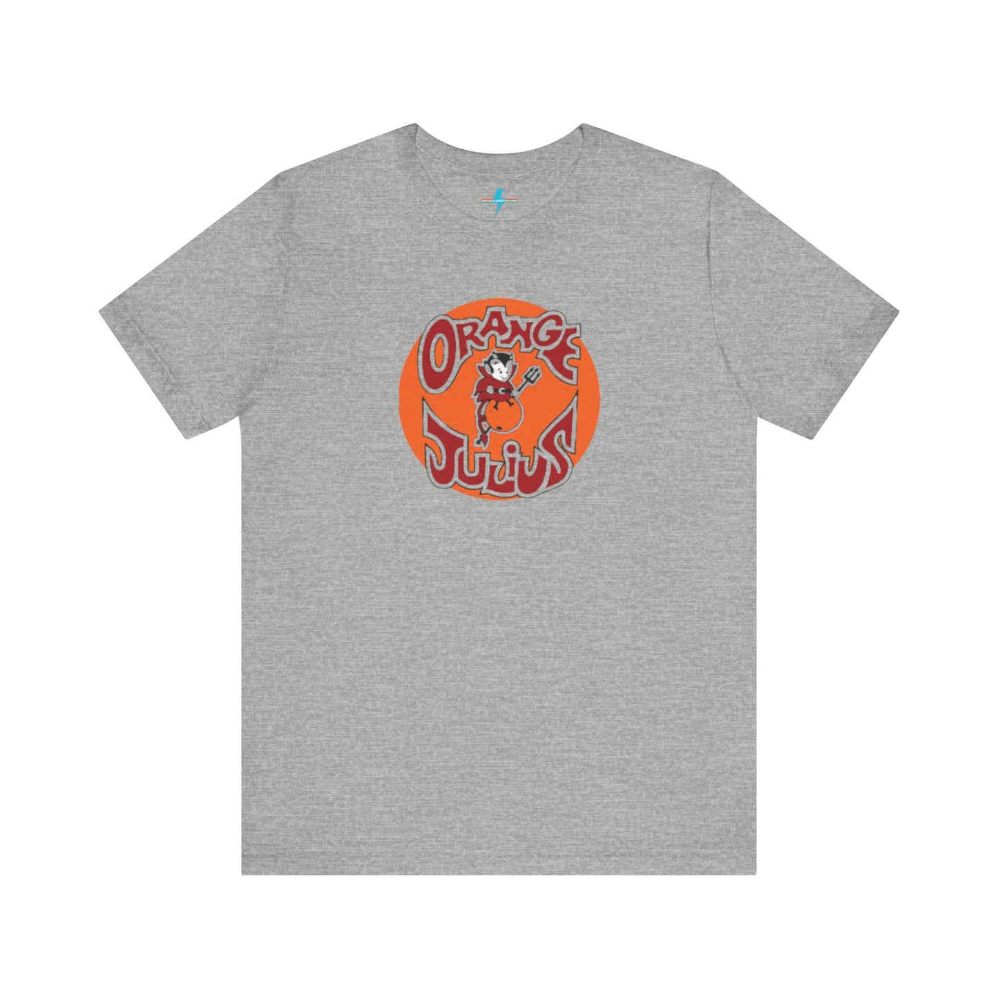 The Orange Julius 1980's Logo Unisex Jersey Style T-Shirt from Printify boasts a light gray color and features a vintage-style graphic. The design showcases the text "Orange Julius" in a stylized font within an orange circle, along with a small cartoon character holding a drink at the center—a nostalgic nod to timeless refreshment.