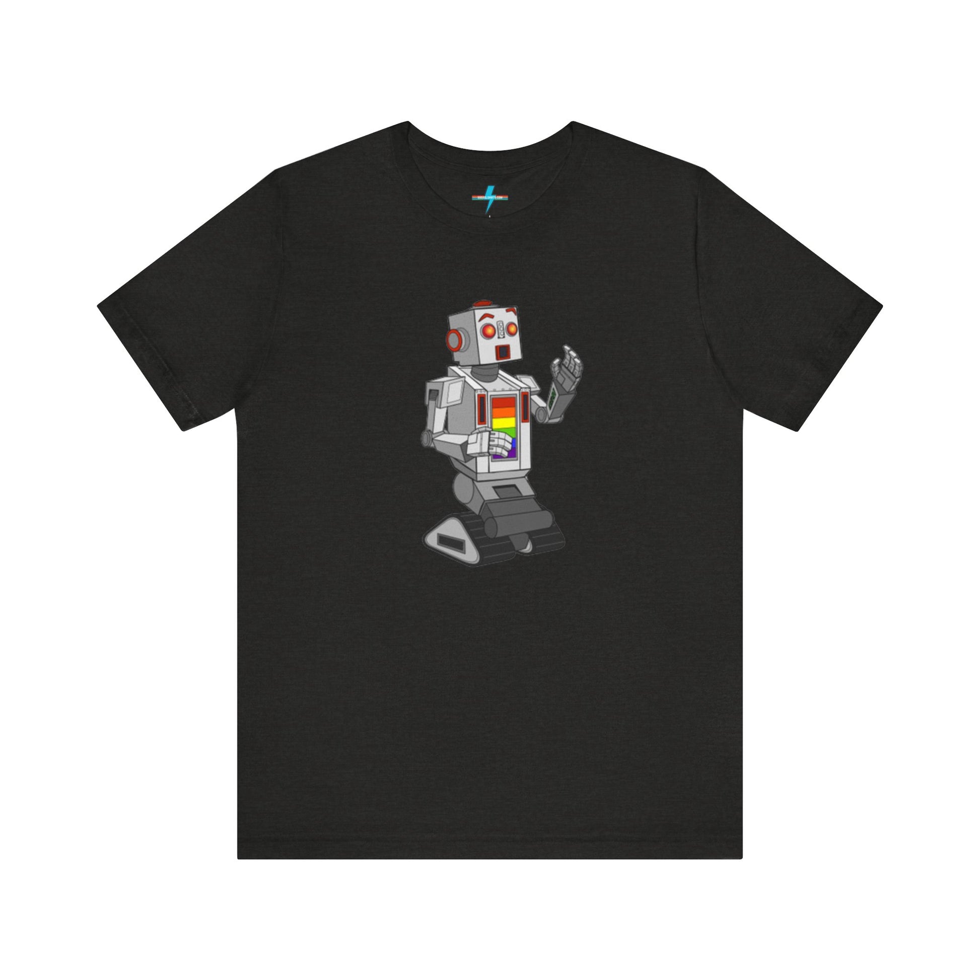 The "Gay Robot - Unisex Jersey Short Sleeve Tee" by Printify is a vibrant orange shirt featuring a retro-style robot graphic. The silver robot, accented with red and inspired by Nick Swardson's Gay Robot t-shirt, sports a colorful chest display. Laid flat against a white background, the design is showcased prominently.