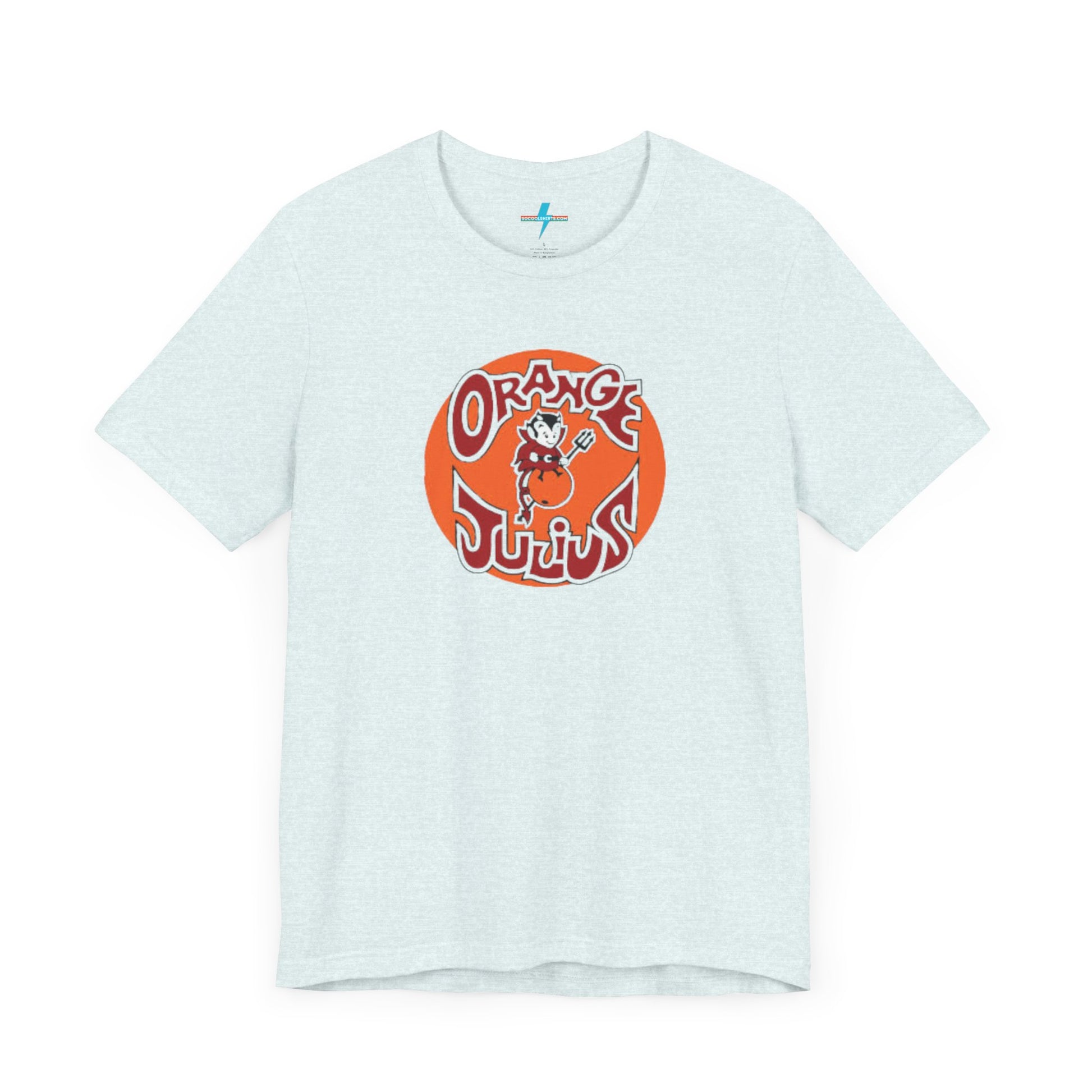 The Orange Julius 1980's Logo Unisex Jersey Style T-Shirt from Printify boasts a light gray color and features a vintage-style graphic. The design showcases the text "Orange Julius" in a stylized font within an orange circle, along with a small cartoon character holding a drink at the center—a nostalgic nod to timeless refreshment.