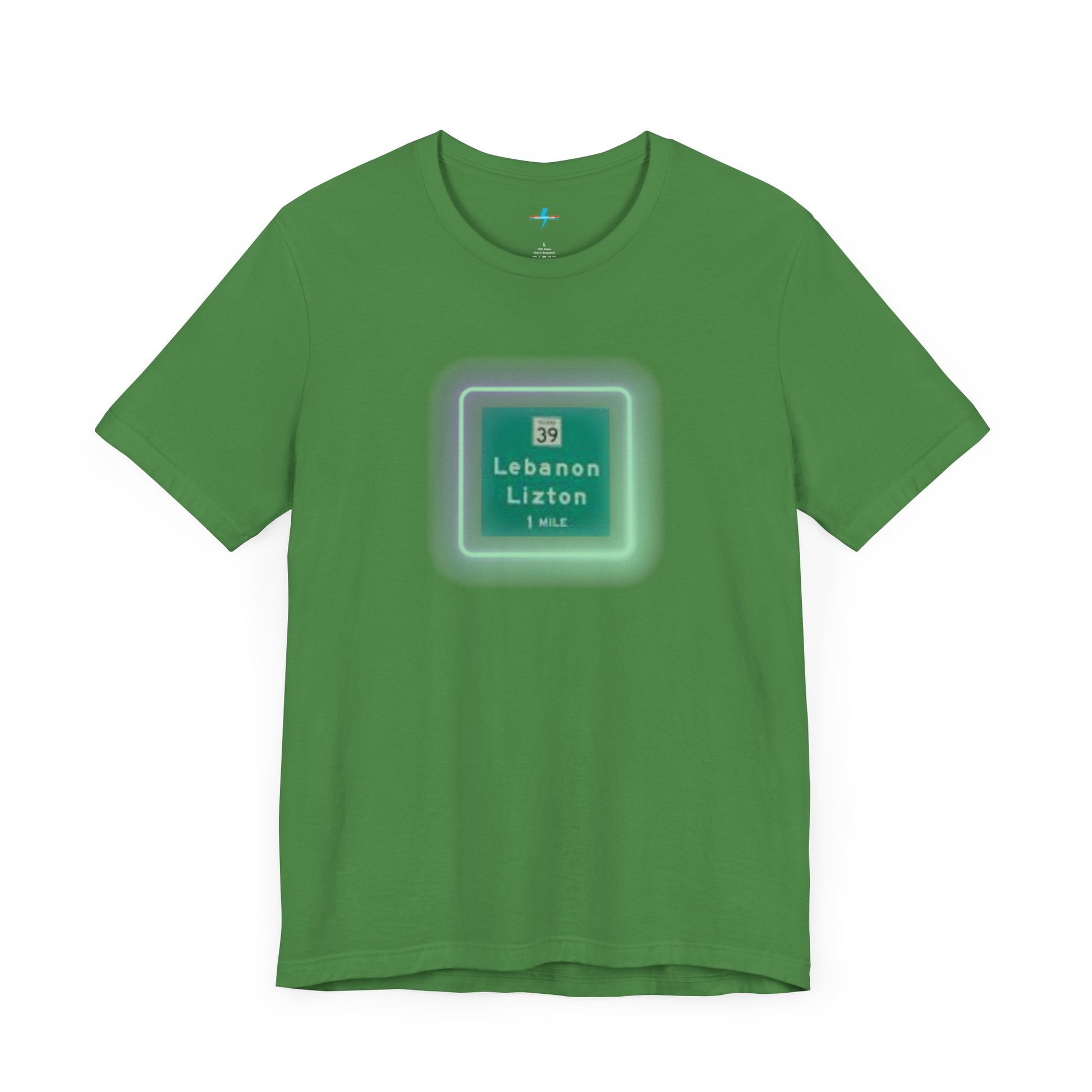 Introducing "The Lebanon Loop - Indiana" unisex jersey short sleeve tee by Printify. This green t-shirt features a graphic of a road sign displaying "39 Lebanon Lizton 1 MILE" within a slightly glowing square frame. It's crafted from 100% Airlume cotton and photographed flat on a white background.