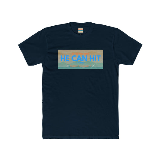 The Miller Beach Wiffel Ball - He CAN Hit! ITYSL T-Shirt by Printify is a premium, navy blue, fitted short sleeve men’s cotton crew tee. It features a central rectangular design with an illustration of mountains, trees, and a river, and has the text "He Can Hit" prominently displayed in the middle. Perfect for fans seeking a stylish and comfortable shirt.