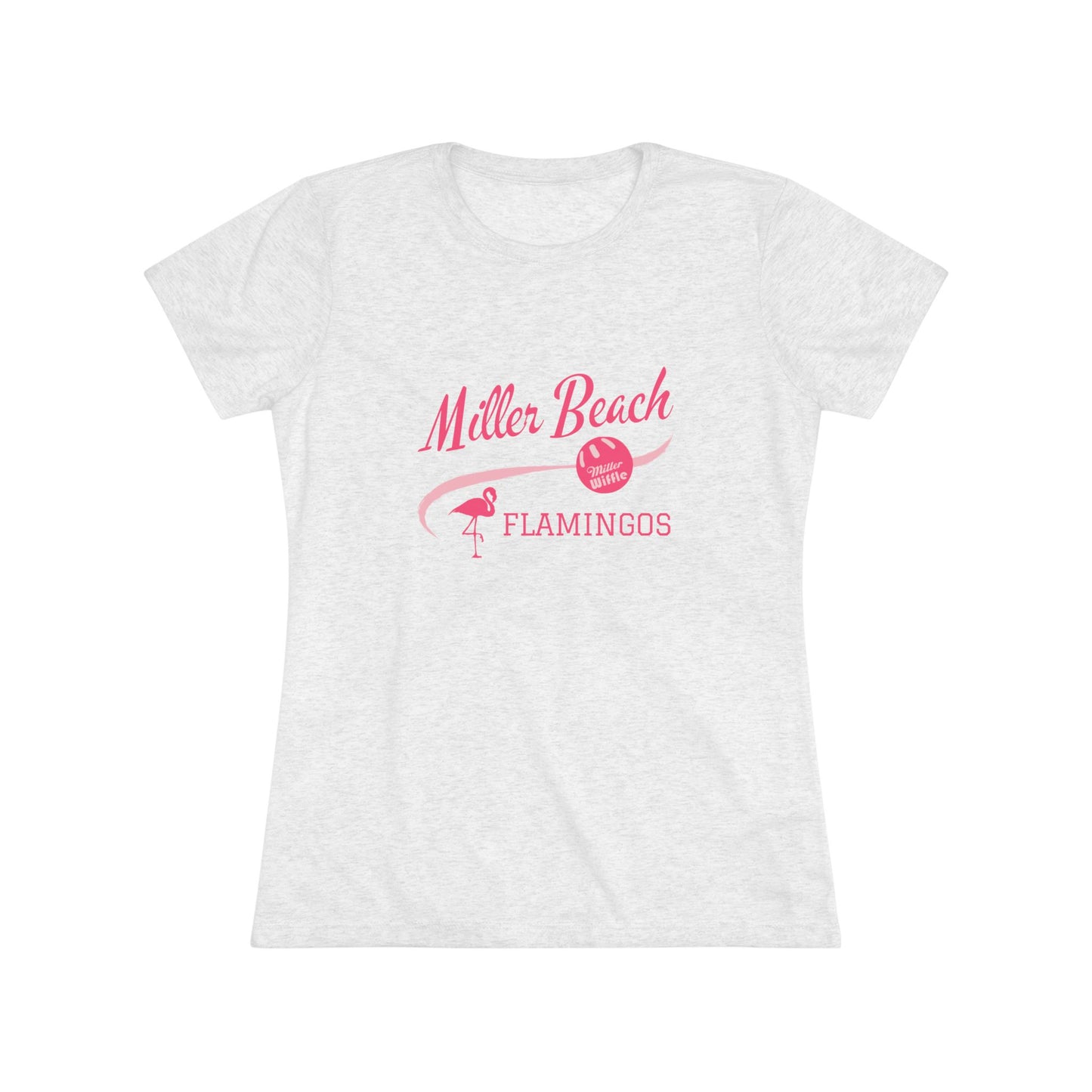 The Printify Miller Beach Wiffel Ball - Flamingos Women's Triblend Tee is a dark gray shirt featuring the text "Miller Beach Flamingos" in pink. The design showcases a flamingo standing on one foot beside a beach volleyball, exuding a fun and relaxed beach atmosphere. This limited edition tee is ideal for celebrating the World Championship of Wiff Ball.