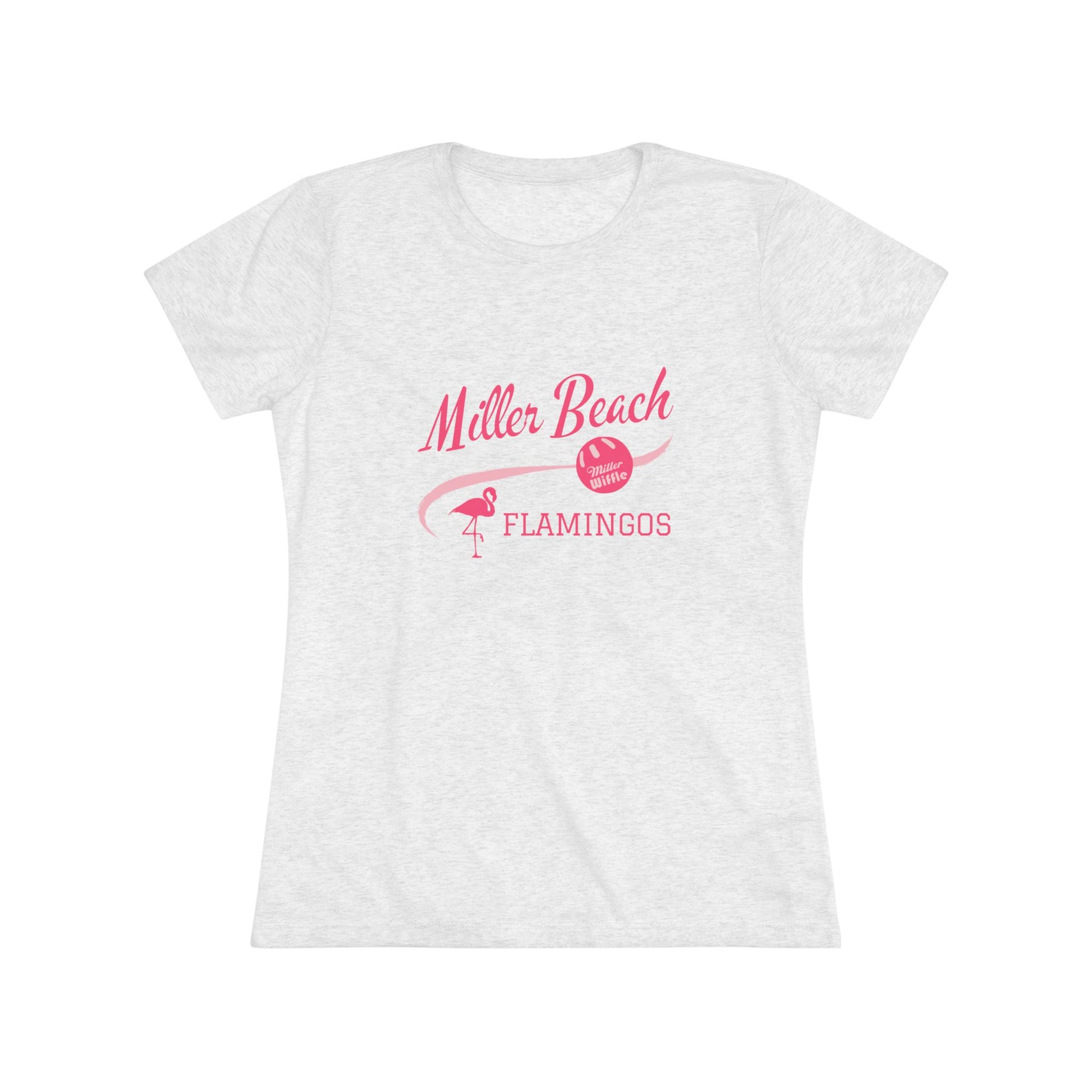 The Printify Miller Beach Wiffel Ball - Flamingos Women's Triblend Tee is a dark gray shirt featuring the text "Miller Beach Flamingos" in pink. The design showcases a flamingo standing on one foot beside a beach volleyball, exuding a fun and relaxed beach atmosphere. This limited edition tee is ideal for celebrating the World Championship of Wiff Ball.