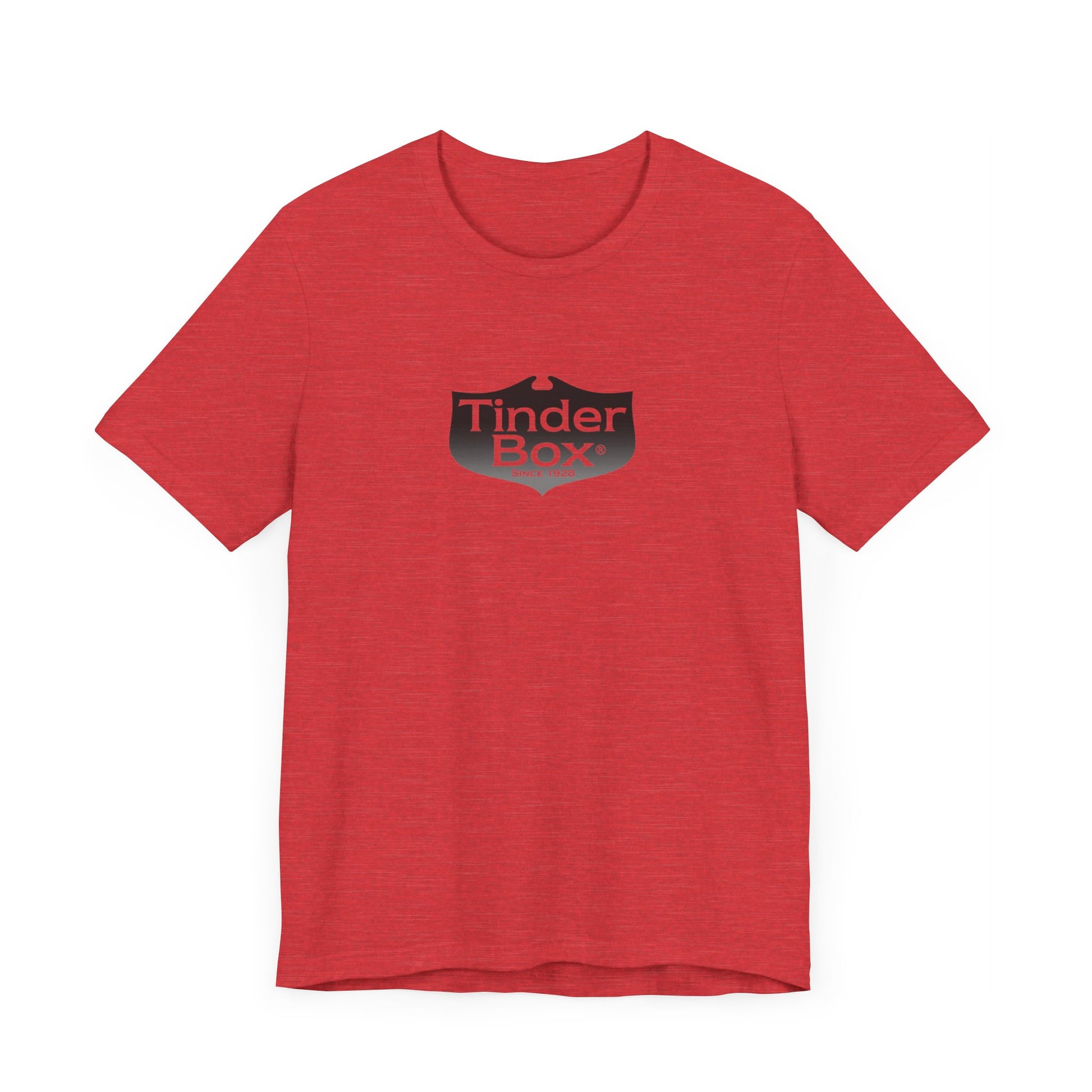A light blue Printify "The Tinder Box 1980s" unisex jersey short sleeve tee featuring the "Tinder Box" logo in the center. The logo consists of a dark shield with the words "Tinder Box" in white text, with a small flame icon replacing the dot above the "i".