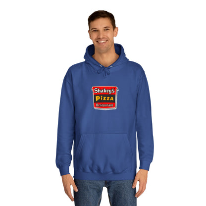 The Shakey's Pizza - 1980s Retro - Unisex Hoodie by Printify showcases a retro-style colorful logo on the front, highlighted with "Shakey's Pizza Restaurant" in bold white lettering against a striking red and black background, offering a vintage feel.