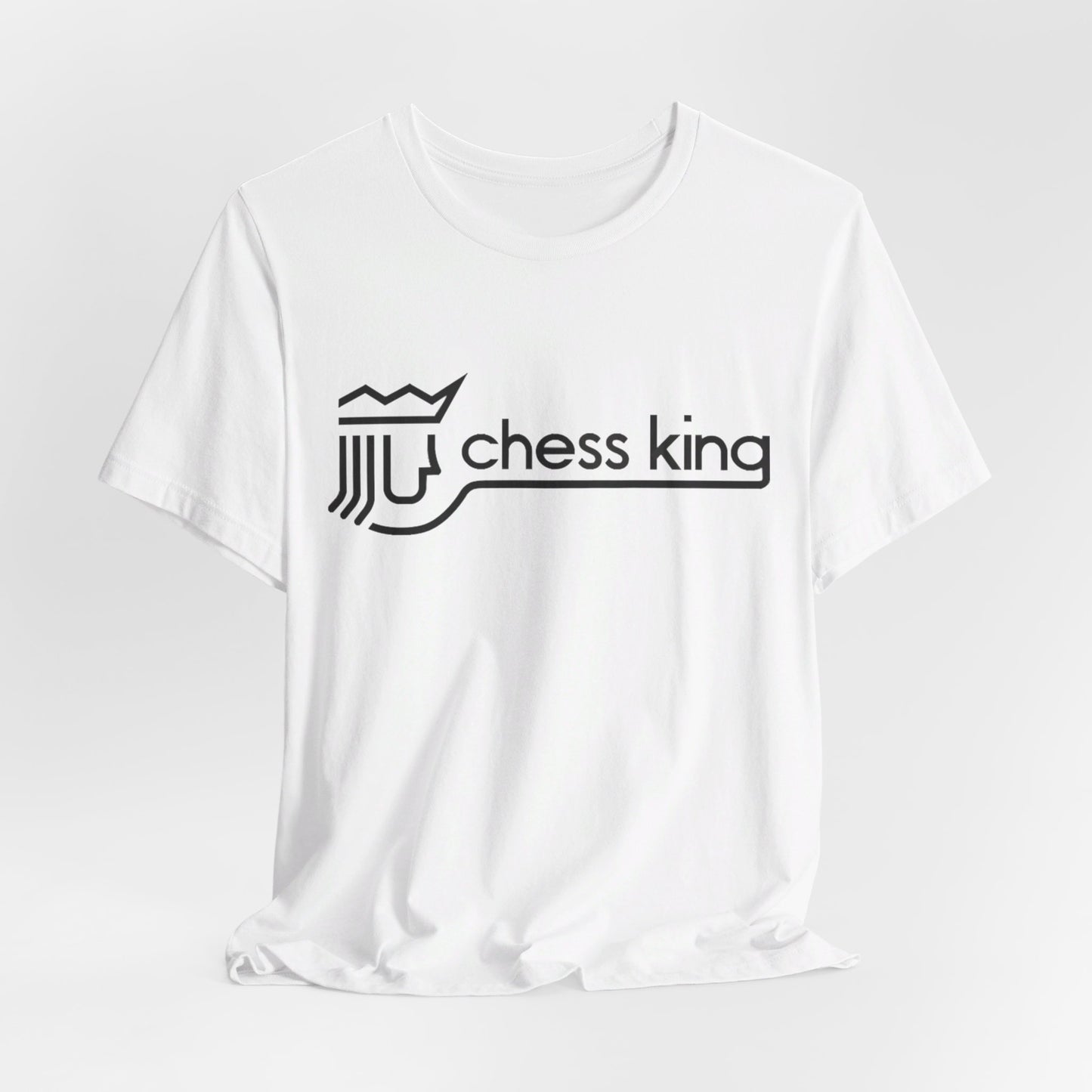 A unisex jersey short sleeve tee from Printify, featuring the Chess King 1980's Clothing Store Logo with a black, stylized king chess piece and the words "Chess King" on a blue background, reminiscent of retro 80s fashion.