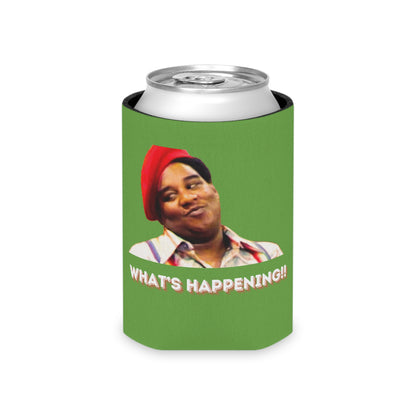 An image of the What's Happening!! Koozie by Printify shows a green beverage holder featuring a smiling person in a red cap. The bold text "WHAT'S HAPPENING!!" appears below the photo, evoking the style of 1970s TV. The base includes the website "SOCOOLSHIRTS.COM" in blue and red, making it the ideal Rerun Koozie.