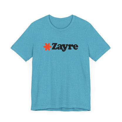 The Zayre Stores Logo - Retro 1980s Unisex Jersey Short Sleeve Tee by Printify features a gray design with the word "Zayre" printed in black letters and a red asterisk preceding the text. Reminiscent of retro fashion from the Zayre 1980s Retail Store, this shirt is displayed against a minimalistic white background and appears to be made of soft, comfortable fabric.