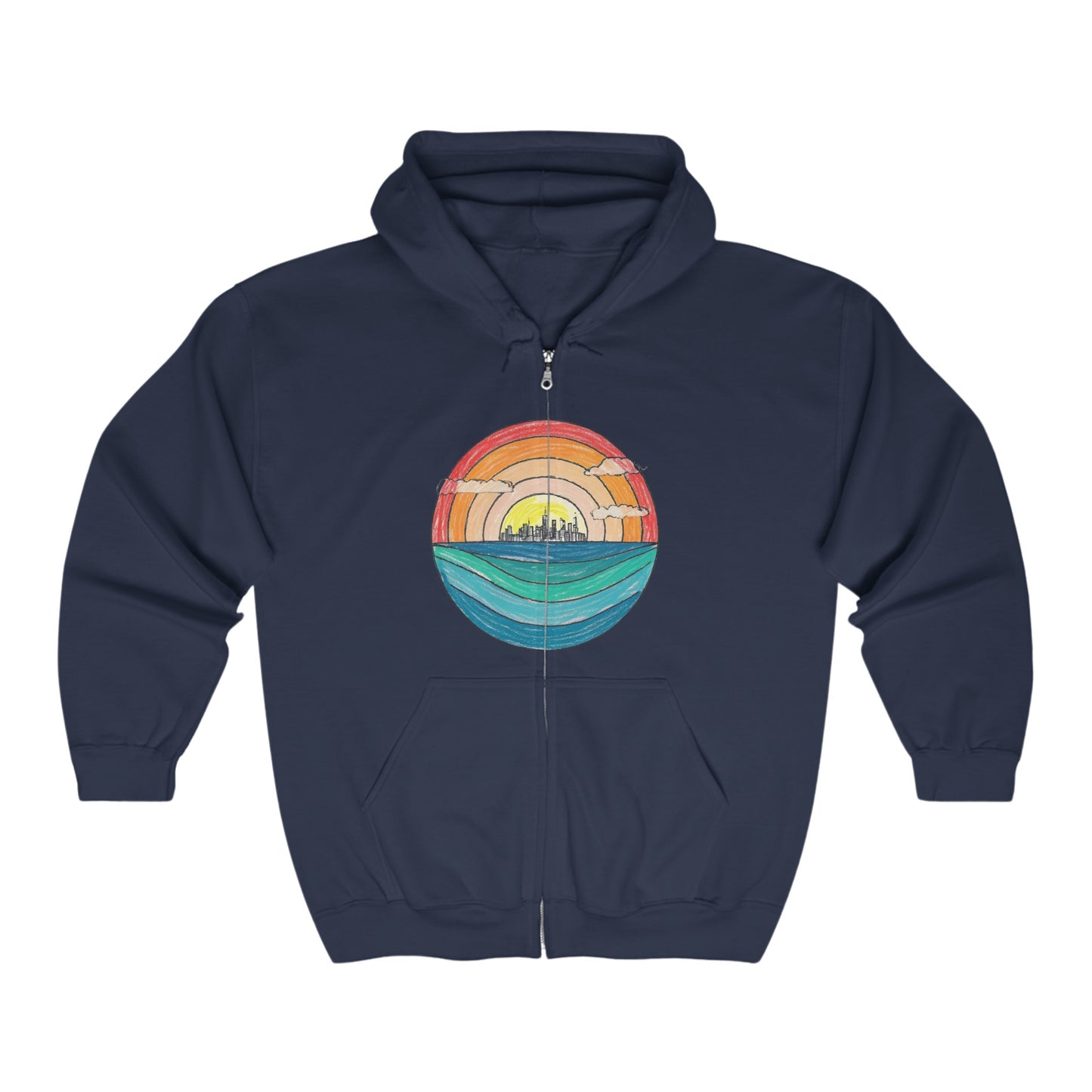 The Miller Beach Abstract - Full Zip Hooded Sweatshirt from Printify is gray and features a colorful circular graphic on the front. The graphic depicts a stylized sunset over a landscape with a blue horizon and water, transitioning to warm tones of an orange and yellow sky.