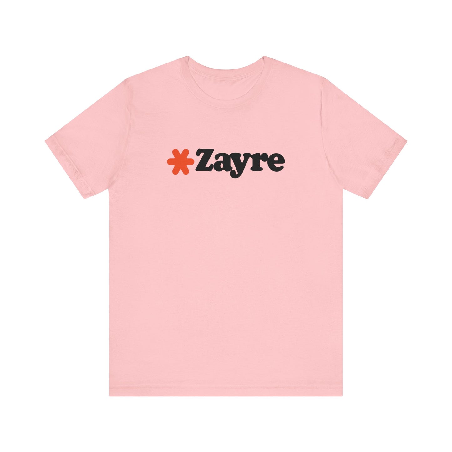 The Zayre Stores Logo - Retro 1980s Unisex Jersey Short Sleeve Tee by Printify features a gray design with the word "Zayre" printed in black letters and a red asterisk preceding the text. Reminiscent of retro fashion from the Zayre 1980s Retail Store, this shirt is displayed against a minimalistic white background and appears to be made of soft, comfortable fabric.