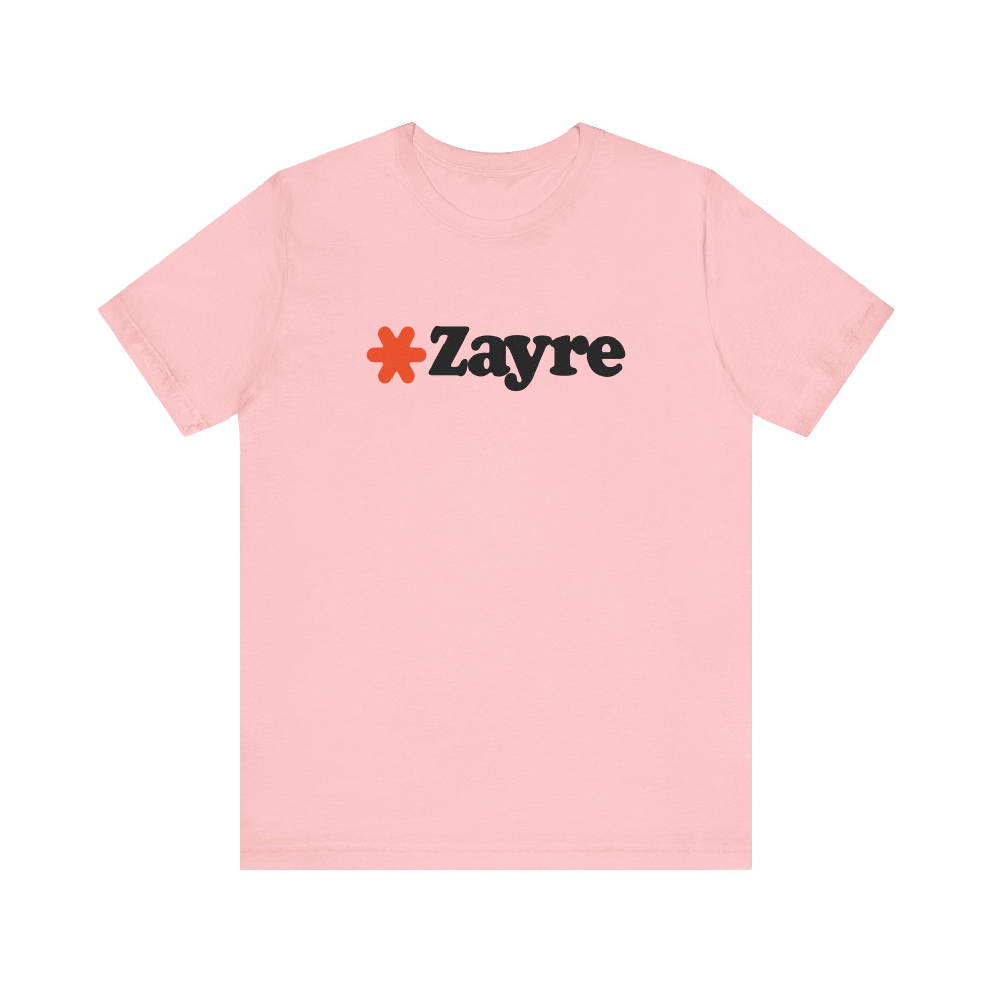 The Zayre Stores Logo - Retro 1980s Unisex Jersey Short Sleeve Tee by Printify features a gray design with the word "Zayre" printed in black letters and a red asterisk preceding the text. Reminiscent of retro fashion from the Zayre 1980s Retail Store, this shirt is displayed against a minimalistic white background and appears to be made of soft, comfortable fabric.