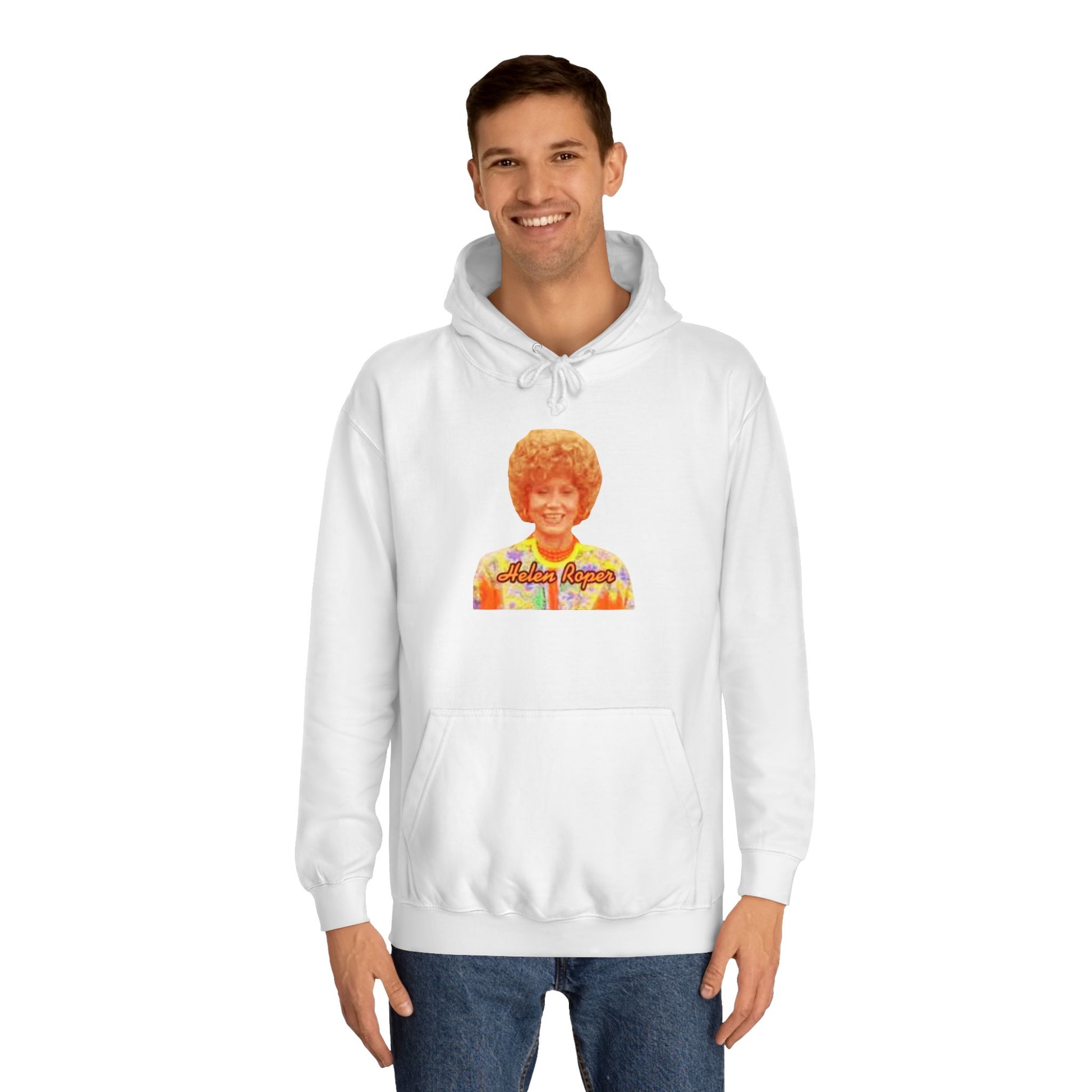 This Helen Roper - Three's Company unisex hoodie by Printify features a lively graphic of a woman with curly hair in a vibrant, patterned outfit. The elegantly scripted text "Mother Rogers" beneath her adds a vintage fashion flair to any wardrobe.