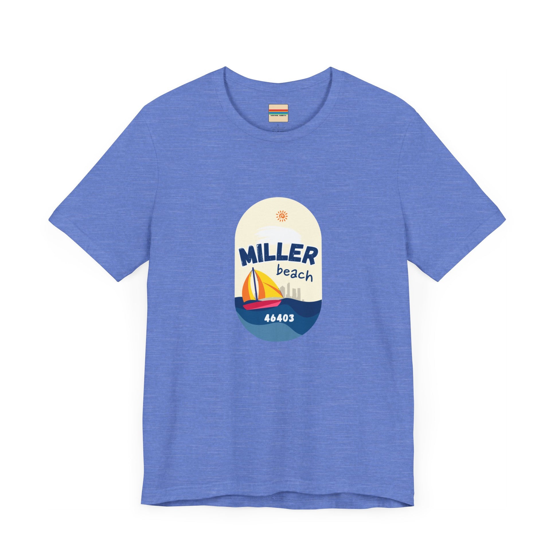 The Miller Beach Sailboat - Unisex Jersey Short Sleeve Tee by Printify features a vibrant graphic design portraying a sailboat on water with a sun above it and the text "MILLER beach 46403." This white retail fit shirt is crafted from soft Airlume combed cotton and showcases rounded graphics in blue, orange, and yellow.