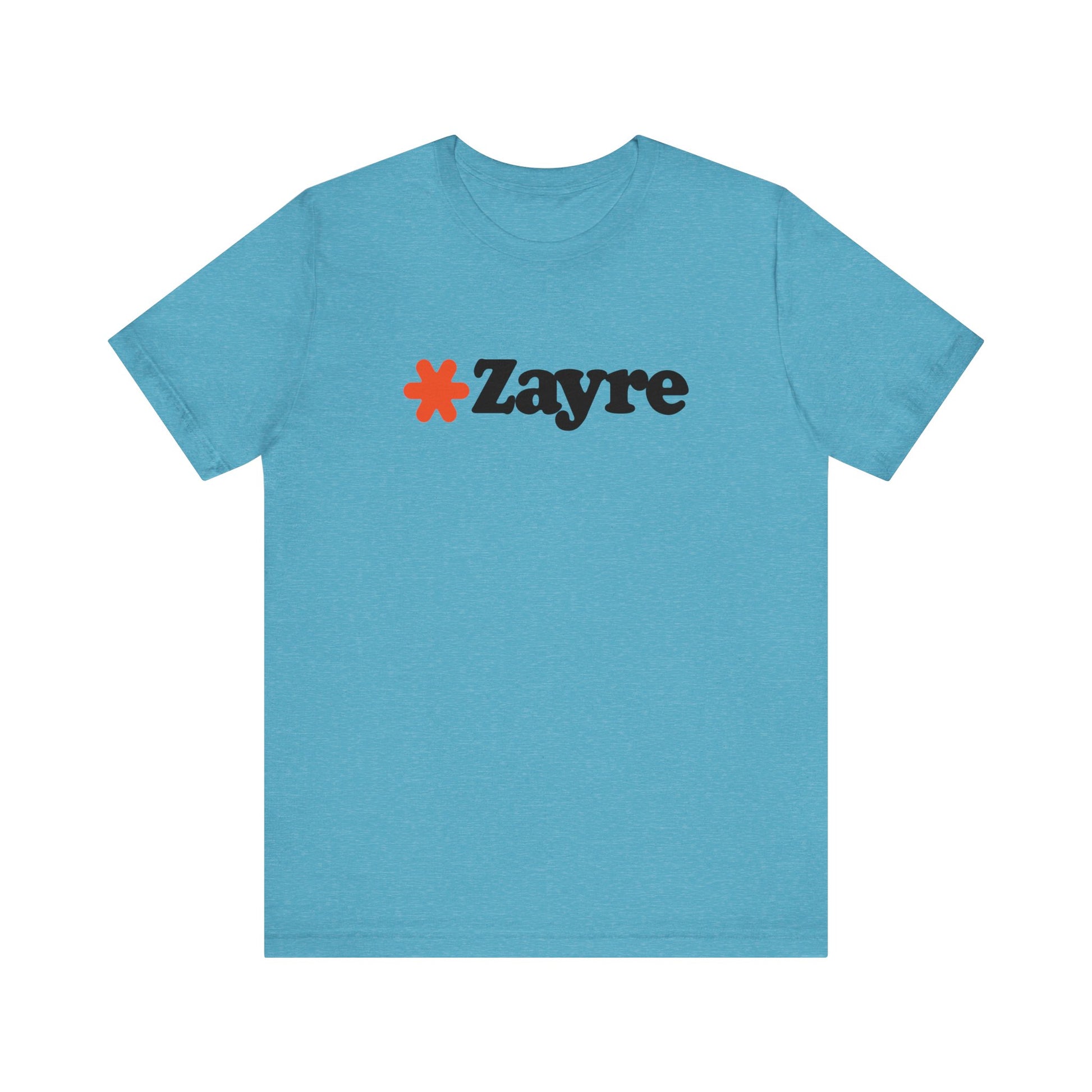 The Zayre Stores Logo - Retro 1980s Unisex Jersey Short Sleeve Tee by Printify features a gray design with the word "Zayre" printed in black letters and a red asterisk preceding the text. Reminiscent of retro fashion from the Zayre 1980s Retail Store, this shirt is displayed against a minimalistic white background and appears to be made of soft, comfortable fabric.